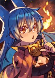 Rule 34 | 1girl, blue hair, breasts, capelet, clothes writing, embers, fingernails, fire, hair between eyes, hand up, highres, long hair, nail polish, open mouth, orange capelet, orange eyes, orange nails, original, ringed eyes, rumie, small breasts, solo, tiona, upper body