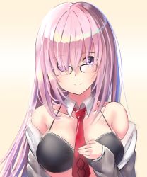 Rule 34 | 1girl, alternate hair length, alternate hairstyle, bare shoulders, breasts, eyes visible through hair, fate/grand order, fate (series), glasses, hair over one eye, highres, i.f.s.f, light purple hair, long hair, looking at viewer, mash kyrielight, medium breasts, necktie, purple eyes, smile, solo, upper body