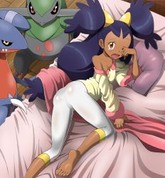 Rule 34 | 1girl, absurdres, ass, barefoot, bed, bed sheet, brown hair, creatures (company), dark-skinned female, dark skin, feet, fraxure, gabite, game freak, gen 4 pokemon, gen 5 pokemon, has bad revision, has downscaled revision, highres, iris (pokemon), long hair, looking at viewer, looking back, md5 mismatch, mm (pixiv2899112), nintendo, off shoulder, on bed, pantylines, pillow, pokemon, pokemon (anime), pokemon (creature), pokemon bw (anime), resolution mismatch, rubbing eyes, source smaller, tears, very long hair, waking up, yawning