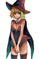 Rule 34 | blonde hair, cape, dress, green eyes, hat, lowres, original, pisuke, short dress, short hair, solo, thighhighs, witch, witch hat