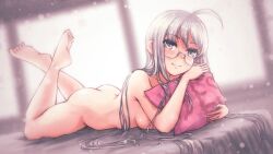 Rule 34 | 1girl, ahoge, ass, breasts, convenient arm, feet up, glasses, grey-framed eyewear, grey eyes, grey hair, heywood l. edwards (kancolle), highres, hugging object, kantai collection, long hair, looking at viewer, lying, medium breasts, on stomach, pillow, pillow hug, solo, the pose, very long hair, vorisar, yes, yes-no pillow
