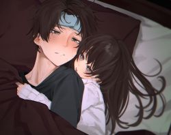 Rule 34 | 1boy, 1girl, age difference, blush, brother and sister, child, cold pack, highres, honnryou hanaru, long hair, lying, messy hair, original, parted lips, siblings, sick, sleeves past wrists, sweat, sweater, under covers