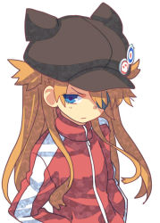 Rule 34 | 1girl, black hat, blue eyes, closed mouth, eyepatch, hat, hat pin, jacket, long sleeves, looking at viewer, neon genesis evangelion, one eye covered, orange hair, red jacket, shirabi, simple background, solo, souryuu asuka langley, upper body, white background