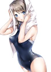 Rule 34 | 1girl, :o, arms up, bare hips, bare shoulders, blue eyes, blue one-piece swimsuit, blush, breasts, brown hair, competition swimsuit, covered navel, cowboy shot, drying, drying hair, highres, looking at viewer, love live!, love live! sunshine!!, medium breasts, medium hair, nakano maru, one-piece swimsuit, open mouth, simple background, skin tight, solo, swept bangs, swimsuit, watanabe you, wet, wet hair, white background
