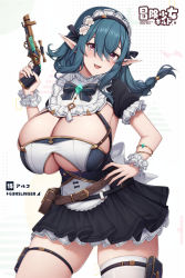 Rule 34 | 1girl, blue hair, blush, bracelet, braid, breasts, gun, hand on own hip, highres, holding, holding gun, holding weapon, huge breasts, jewelry, kannko bokujou, original, parted lips, pointy ears, pouch, purple eyes, short sleeves, single thighhigh, smile, solo, thigh pouch, thigh strap, thighhighs, thighs, weapon, white thighhighs