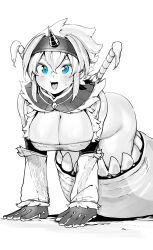 Rule 34 | 1girl, absurdres, blue eyes, blush, bottomless, breasts, cleavage, fur trim, gloves, hairband, highres, horns, khezu, kirin (armor), large breasts, monster hunter (series), niwarhythm, open mouth, simple background, single horn, smile, solo, spot color, sweat, vore, white background