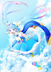 Rule 34 | 1girl, above clouds, absurdres, ankle boots, blue cape, blue dress, blue eyes, blue footwear, blue hair, blue sky, boots, brooch, cape, clenched hand, cloud, commentary, cure sky, cut bangs, day, detached sleeves, dress, earclip, earrings, fighting, fingerless gloves, flying, frilled dress, frills, full body, gloves, gradient hair, highres, hirogaru sky! precure, jewelry, ji-ma, long hair, looking at viewer, magical girl, medium dress, multicolored hair, open mouth, outdoors, pink hair, precure, puffy detached sleeves, puffy sleeves, red cape, single earring, single sidelock, sky, sleeveless, sleeveless dress, smile, solo, sora harewataru, streaked hair, thighhighs, twintails, two-sided cape, two-sided fabric, two-tone dress, very long hair, white dress, white gloves, white thighhighs, wing brooch, wing hair ornament