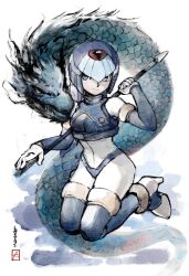 Rule 34 | 1girl, blue eyes, bodysuit, breasts, crop top, fish, forehead jewel, helmet, highres, holding, holding weapon, fairy leviathan (mega man), leviathan (mythology), medium breasts, mega man (series), mega man zero (series), touhou3939, weapon, white bodysuit