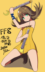 Rule 34 | 1girl, breasts, brown hair, closed mouth, dress, final fantasy, final fantasy brave exvius, final fantasy viii, flipped hair, full body, green eyes, highres, looking at viewer, nunchaku, selphie tilmitt, short hair, simple background, skirt, smile, solo, syope, weapon, yellow dress, zipper