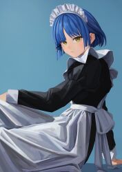 Rule 34 | 1girl, :|, absurdres, alternate costume, apron, arm support, black dress, blue background, blue hair, blush, bob cut, bocchi the rock!, closed mouth, dress, enmaided, expressionless, feet out of frame, frills, from side, hair ornament, hair over one eye, hairband, hairclip, hand on own knee, highres, knee up, light blush, long sleeves, looking at viewer, looking to the side, maid, maid apron, maid headdress, mole, mole under eye, nemo ringo, on ground, puffy sleeves, shadow, short hair, simple background, sitting, solo, white apron, white hairband, yamada ryo, yellow eyes