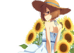 Rule 34 | 1girl, back, bad id, bad pixiv id, bare shoulders, blunt bangs, bob cut, breasts, brown eyes, brown hair, dress, flower, from behind, hat, kinta (distortion), looking at viewer, looking back, original, short hair, simple background, small breasts, smile, solo, straw hat, sundress, sunflower, white dress