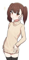 Rule 34 | 1girl, beige sweater, black thighhighs, blush, brown eyes, brown hair, cowboy shot, earrings, flat chest, heart, heart earrings, highres, jewelry, long sleeves, looking at viewer, notice lines, open mouth, original, simple background, solo, suisogenshi, thighhighs, twintails, white background