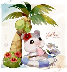 Rule 34 | 1girl, :3, animal crossing, beach, border, brown eyes, bush, character name, coco7, coconut, coconut tree, commentary request, cup, drinking straw, eyelashes, flower, flurry (animal crossing), footprints, furry, furry female, hair flower, hair ornament, hamster girl, hibiscus, holding, holding cup, innertube, lens flare, light rays, milkshake, multiple views, nintendo, open mouth, outside border, palm tree, plant, red flower, sand, sitting, smile, swim ring, tree, walking, water, whipped cream, white border, white flower
