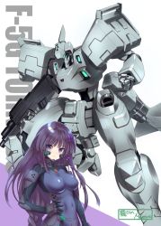 Rule 34 | 1girl, butterfly hair ornament, clenched hand, commission, covered navel, f-5e/g/i tornado, fortified suit, gun, hair ornament, hand on own hip, highres, hime cut, holding, holding gun, holding weapon, looking down, makishima azusa, mecha, muv-luv, muv-luv alternative, muv-luv unlimited: the day after, pilot suit, purple eyes, purple hair, robot, schwarzesmarken, science fiction, sendou yuzuka, skeb commission, skin tight, tactical surface fighter, v-shaped eyebrows, visor, weapon
