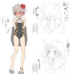 Rule 34 | 2girls, ahoge, alternate costume, anklet, arms behind back, bikini, black one-piece swimsuit, blue footwear, blush, braid, covering face, criss-cross halter, drooling, flip-flops, flower, frilled one-piece swimsuit, frills, full body, gluteal fold, grey hair, hair flower, hair ornament, hairclip, halterneck, hands up, heel up, hibiscus, highres, hood, hood up, jewelry, kagura san, long hair, magia record: mahou shoujo madoka magica gaiden, mahou shoujo madoka magica, messy hair, miwa mitsune, multiple anklets, multiple girls, multiple views, no mouth, notice lines, official alternate costume, one-piece swimsuit, open mouth, orange eyes, partially colored, red flower, sandals, short hair, side braid, sidelocks, standing, steam, sweat, swimsuit, translation request, trembling, twintails, upper body, very long hair, very sweaty, white background, you2