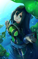 Rule 34 | 10s, 1girl, :q, absurdres, animal, animal on head, asui tsuyu, belt, black eyes, black hair, bodysuit, boku no hero academia, breasts, closed mouth, frog, frog girl, from above, gloves, green bodysuit, green eyes, hair between eyes, hair rings, highres, holding, leaf, leaf umbrella, lily pad, long hair, looking at viewer, looking up, luo jie, md5 mismatch, medium breasts, on head, partially submerged, purple eyes, rainbow, ripples, smile, solo, standing, tongue, tongue out, wading, water, wet, wet clothes, wet hair, white gloves