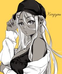 Rule 34 | 1girl, absurdres, bare shoulders, breasts, camisole, character name, commentary, dark-skinned female, dark skin, earrings, fake nails, greyscale, greyscale with colored background, gyaru, hair between eyes, hair ornament, hairclip, hat, highres, hoop earrings, jacket, jewelry, kinjyou (shashaki), large breasts, long hair, looking at viewer, monochrome, off-shoulder jacket, off shoulder, original, partially colored, shashaki, solo, upper body, yellow background