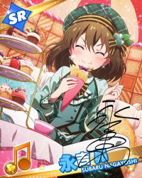 Rule 34 | 10s, 1girl, ^ ^, beamed quavers, blush, brown hair, cake, character name, character signature, closed eyes, crepe, cup, cupcake, dutch angle, eating, food, food on face, hat, idolmaster, idolmaster million live!, musical note, nagayoshi subaru, official art, pastry, signature, solo, teacup, tiered tray, wafer stick
