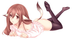 Rule 34 | 1girl, absurdres, animal ears, ass, black thighhighs, brown eyes, highres, leg up, long hair, red eyes, simple background, solo, thighhighs, white background, yui.h
