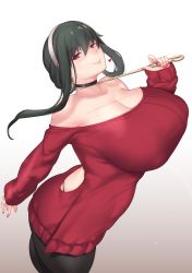 Rule 34 | 1girl, absurdres, aster crowley, black dress, black hair, breasts, choker, cleavage, curvy, dress, feet out of frame, hairband, heart, highres, holding, holding knife, huge breasts, knife, looking at viewer, mature female, pantyhose, red eyes, smile, solo, spy x family, standing, thick thighs, thighs, yor briar