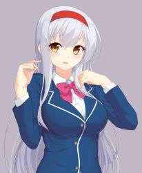 Rule 34 | 1girl, :d, blazer, bow, bowtie, brown eyes, collared shirt, commentary request, grey hair, hair between eyes, hairband, highres, jacket, kantai collection, long hair, long sleeves, looking at viewer, open mouth, paperface, school uniform, shirt, shoukaku (kancolle), sidelocks, simple background, smile, solo