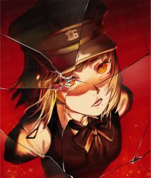 1girl absurdres black_bow black_dress black_hat bow chainsaw_man chef_hat collared_shirt commentary cracked_screen dress english_commentary fami_(chainsaw_man) flat_top_chef_hat fourth_east_high_school_uniform hat highres looking_at_viewer looking_up military_hat mole mole_under_eye mole_under_mouth open_mouth pinafore_dress red_background ringed_eyes school_uniform shirt short_hair sleeveless sleeveless_dress solo waligner white_shirt