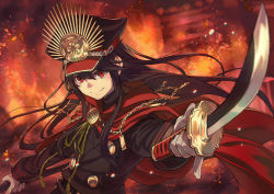 Rule 34 | 1girl, androgynous, black hat, black jacket, cape, chain, fate/grand order, fate (series), fire, gloves, grey gloves, hair between eyes, hat, holding, holding sword, holding weapon, jacket, kodachi, kusano shinta, looking at viewer, military, military hat, military uniform, oda nobunaga (fate), oda nobunaga (koha-ace), outdoors, red cape, red eyes, short sword, smile, solo, sword, uniform, upper body, weapon