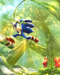 Rule 34 | 1boy, animal nose, flower, forest, furry, furry male, giant tree, green eyes, grin, holding, jungle, male focus, nature, plant, red flower, red footwear, rock, shoes, smile, solo, sonic (series), sonic adventure 2, sonic the hedgehog, sunlight, tondamanuke, tree, vines