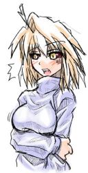 Rule 34 | 00s, 1girl, ahoge, arcueid brunestud, blonde hair, blush, breasts, colored sclera, female focus, large breasts, lowres, melty blood, open mouth, red sclera, short hair, simple background, solo, tsukihime, yellow eyes