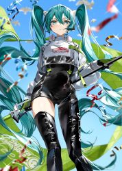Rule 34 | 1girl, :o, aqua eyes, aqua hair, arm behind back, holding behind back, bird, black bodysuit, black gloves, black thighhighs, blue sky, blurry, blurry foreground, blush, bodysuit, clear sky, commentary, cropped jacket, day, depth of field, diffraction spikes, feet out of frame, flag, from below, gloves, goodsmile racing, hair between eyes, hatsune miku, highres, holding, holding flag, holding weapon, legs, long hair, long sleeves, mikanoisi, open mouth, outdoors, racing miku, racing miku (2022), shiny clothes, single thighhigh, sky, solo, standing, sunlight, thighhighs, thighs, twintails, vocaloid, weapon, white bird