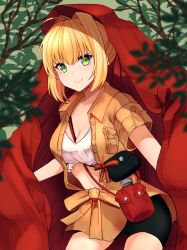 Rule 34 | 1girl, ahoge, between breasts, bike shorts, black shorts, blonde hair, bra, breasts, brown shirt, cleavage, closed mouth, collarbone, collared shirt, cowboy shot, dress shirt, fate/extra, fate (series), green eyes, hair intakes, highres, leatzche, looking at viewer, medium breasts, nero claudius (fate), nero claudius (fate) (all), nero claudius (fate/extra), nero claudius (traveling outfit) (fate), official alternate costume, open clothes, open shirt, outdoors, red bag, shirt, short hair, short shorts, short sleeves, shorts, smile, solo, standing, underwear, white bra, wing collar