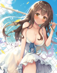 Rule 34 | 1girl, adjusting hair, bare shoulders, blue sky, blurry, blush, bow, bowtie, breasts, brown eyes, brown hair, chain, cleavage, cloud, cloudy sky, collarbone, commentary request, depth of field, dress, hair between eyes, highres, large breasts, leaning forward, long hair, looking at viewer, mori airi, original, petals, sidelocks, silhouette, sky, smile, solo, spaghetti strap, sunlight, water drop, white dress, wind