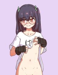 Rule 34 | 1girl, blush, bottomless, breasts, clothes lift, clothes writing, collarbone, female focus, fingerless gloves, flat chest, glasses, gloves, lifting own clothes, liveactors, looking at viewer, looking down, midriff, navel, nervous smile, orange eyes, partially undressed, purple hair, round eyewear, shin subarashiki kono sekai, shirt, shirt lift, short sleeves, simple background, small breasts, smile, solo, subarashiki kono sekai, sweat, sweatdrop, upper body, usui nagi, wavy mouth, white shirt