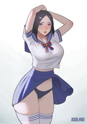 Rule 34 | 1girl, absurdres, arms up, asolhoe, black hair, blue sailor collar, blue skirt, breasts, cowboy shot, highres, large breasts, light blush, long hair, looking at viewer, panties, parted lips, pleated skirt, real life, rinrin marinka, sailor collar, school uniform, serafuku, shirt, short sleeves, simple background, skindentation, skirt, solo, thighhighs, underwear, white shirt, wind, wind lift