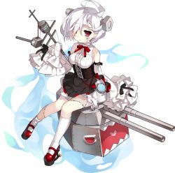 Rule 34 | 1girl, ahoge, asymmetrical legwear, azur lane, bare shoulders, belt, belt buckle, black belt, black ribbon, black skirt, blue fire, blush, breasts, buckle, closed mouth, detached sleeves, eyebrows, eyelashes, facing away, fire, frilled sleeves, frills, full body, hair between eyes, hair over one eye, heart, kneehighs, knees together feet apart, long sleeves, machinery, mary janes, medium breasts, miniskirt, official art, red eyes, red footwear, red ribbon, ribbon, saru, screw, shirt, shoes, short hair, sitting, skirt, sleeveless, sleeveless shirt, sleeves past wrists, slit pupils, socks, solo, stitches, terror (azur lane), transparent background, turret, uneven legwear, white hair, white shirt, white socks