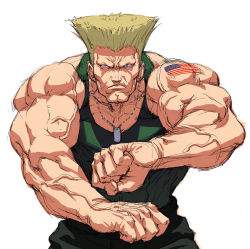 Rule 34 | blonde hair, capcom, chyko, flattop, guile, male focus, muscular, shoulder tattoo, solo, street fighter, tattoo