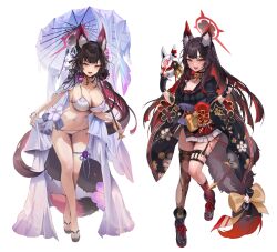 Rule 34 | 1girl, animal ear fluff, animal ears, bikini, black footwear, black gloves, black hair, black kimono, black thighhighs, blue archive, blush, boots, breasts, cleavage, colored inner hair, eyeshadow, fang, fingerless gloves, floral print, fox ears, fox mask, fox tail, full body, gloves, halo, highres, holding, holding mask, holding umbrella, japanese clothes, kimono, large breasts, long hair, long sleeves, makeup, mask, multicolored hair, multiple views, obi, official alternate costume, oil-paper umbrella, open mouth, print kimono, red eyeshadow, red hair, red halo, sandals, sash, simple background, single thighhigh, smile, swimsuit, tail, thighhighs, umbrella, wakamo (blue archive), wakamo (swimsuit) (blue archive), white background, white bikini, wide sleeves, yellow eyes, zerocat, zouri