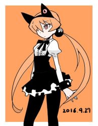 Rule 34 | 1girl, alisa southerncross, animal ears, black pantyhose, breasts, cat ears, closed mouth, dated, dress, fake animal ears, hair bobbles, hair ornament, hair over one eye, keroro gunsou, long hair, orange hair, oyster (artist), pantyhose, red eyes, skirt, solo, twintails