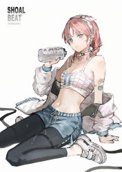 Rule 34 | 1girl, arknights, arm support, arm tattoo, bare shoulders, black pants, blue eyes, blue poison (arknights), blue poison (shoal beat) (arknights), blue shorts, bottle, braid, breasts, choker, cleavage, closed mouth, copyright name, crop top, hair ribbon, highres, holding, jacket, leggings, lococo:p, long hair, looking at viewer, medium breasts, midriff, navel, off shoulder, official alternate costume, open clothes, open jacket, pants, pink hair, revision, ribbon, scales, shirt, shoes, short shorts, shorts, sitting, sleeveless, sleeveless shirt, sneakers, solo, stomach, tattoo, twin braids, wariza, wet, white choker, white footwear, white jacket, white shirt