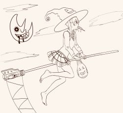 Rule 34 | 1girl, bag, barefoot, broom, broom riding, crescent moon, drawfag, eating, greyscale, hat, highres, long sleeves, maka albarn, monochrome, moon, moon (soul eater), mouth hold, necktie, outdoors, profile, school uniform, scythe, skirt, solo, soul eater, sweater vest, white background, witch hat