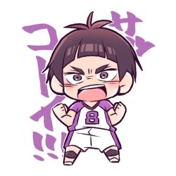 Rule 34 | 1boy, black hair, blunt bangs, blush, brown eyes, chibi, clenched hands, commentary request, full body, genpati, goshiki tsutomu, haikyuu!!, knee pads, male focus, open mouth, outline, shirt, shoes, short hair, short sleeves, shorts, simple background, solo, sportswear, standing, teeth, thick eyebrows, translation request, volleyball uniform, white background, white footwear