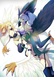 Rule 34 | 4girls, bare shoulders, belt, black feathers, blonde hair, blue eyes, blue hair, breasts, brown eyes, cleavage, duel monster, feathers, full body, green hair, harpie dancer, harpie oracle, harpie queen, harpy, highres, large breasts, long hair, monster girl, multiple girls, parted lips, ponytail, purple eyes, thighhighs, vulture (washizu0808), white feathers, winged arms, wings, yu-gi-oh!