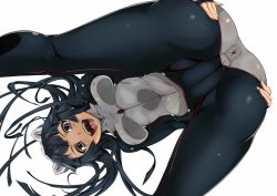 Rule 34 | 10s, 1girl, anus, ass, ass grab, bad id, bad pixiv id, bent over, black hair, bodysuit, breasts, cameltoe, cleft of venus, covered erect nipples, covered navel, fat mons, from below, grabbing own ass, grey eyes, guilty crown, headgear, impossible clothes, long hair, looking down, looking through own legs, navel, nipples, nuezou, open mouth, see-through, simple background, skin tight, small breasts, solo, spread ass, spread legs, teeth, tongue, tsugumi (guilty crown), uvula, white background