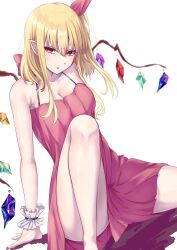 Rule 34 | 1girl, arm support, blonde hair, breasts, cleavage, commentary request, crystal, dress, flandre scarlet, full body, highres, knee up, medium breasts, medium hair, mirufui, one side up, pointy ears, red dress, red eyes, sidelocks, simple background, solo, touhou, white background, wings, wrist cuffs