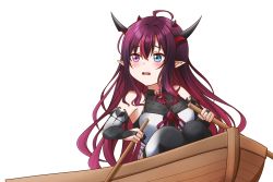 Rule 34 | 1girl, absurdres, black thighhighs, blue eyes, heterochromia, highres, holding, holding oar, hololive, hololive english, horns, irys (hololive), jan azure, long hair, looking away, oar, parted lips, pointy ears, purple eyes, red hair, rowboat, sitting, solo, thighhighs, transparent background, virtual youtuber