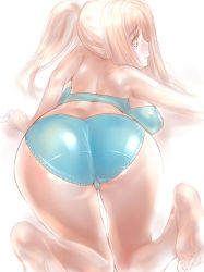 Rule 34 | 1girl, absurdres, ass, back, backboob, bad id, bad pixiv id, bare legs, bare shoulders, barefoot, bikini, blonde hair, blue bikini, blush, breasts, dodai shouji, elf, from behind, gradient background, highres, large breasts, long hair, looking back, original, pointy ears, ponytail, shiny clothes, solo, swimsuit, top-down bottom-up, yellow eyes