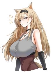 Rule 34 | 1girl, animal ears, arknights, black choker, black eyes, black hairband, blonde hair, breasts, choker, commentary request, covered navel, detached sleeves, extra ears, grey tank top, hairband, highres, horn/wood, horn (arknights), huge breasts, parted bangs, simple background, solo, tank top, white background, wolf ears, wolf girl