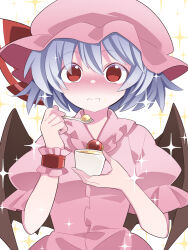 Rule 34 | 1girl, :t, blue hair, blush, breasts, brooch, dress, eating, food, frilled shirt collar, frills, full-face blush, hammer (sunset beach), hands up, hat, highres, holding, holding spoon, jewelry, mob cap, pink dress, pudding, remilia scarlet, short hair, simple background, small breasts, solo, sparkle, spoon, touhou, upper body, white background, wide-eyed