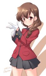 Rule 34 | 1girl, black skirt, blush, braid, brown eyes, brown hair, closed mouth, commentary, cowboy shot, dated, epaulettes, frown, girls und panzer, glove pull, gloves, hair ornament, hair over shoulder, hairclip, highres, jacket, kuzuryuu kennosuke, light blush, long hair, long sleeves, looking at viewer, military, military uniform, miniskirt, one-hour drawing challenge, pleated skirt, red jacket, rukuriri (girls und panzer), single braid, skirt, solo, st. gloriana&#039;s military uniform, standing, twitter username, uniform, v-shaped eyes, white background, white gloves