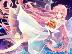Rule 34 | 1girl, bad id, bad pixiv id, barefoot, bouquet, dress, flower, long hair, night, open mouth, original, pink hair, revision, sky, smile, solo, sunflower, t miyanagi, very long hair, water, wings